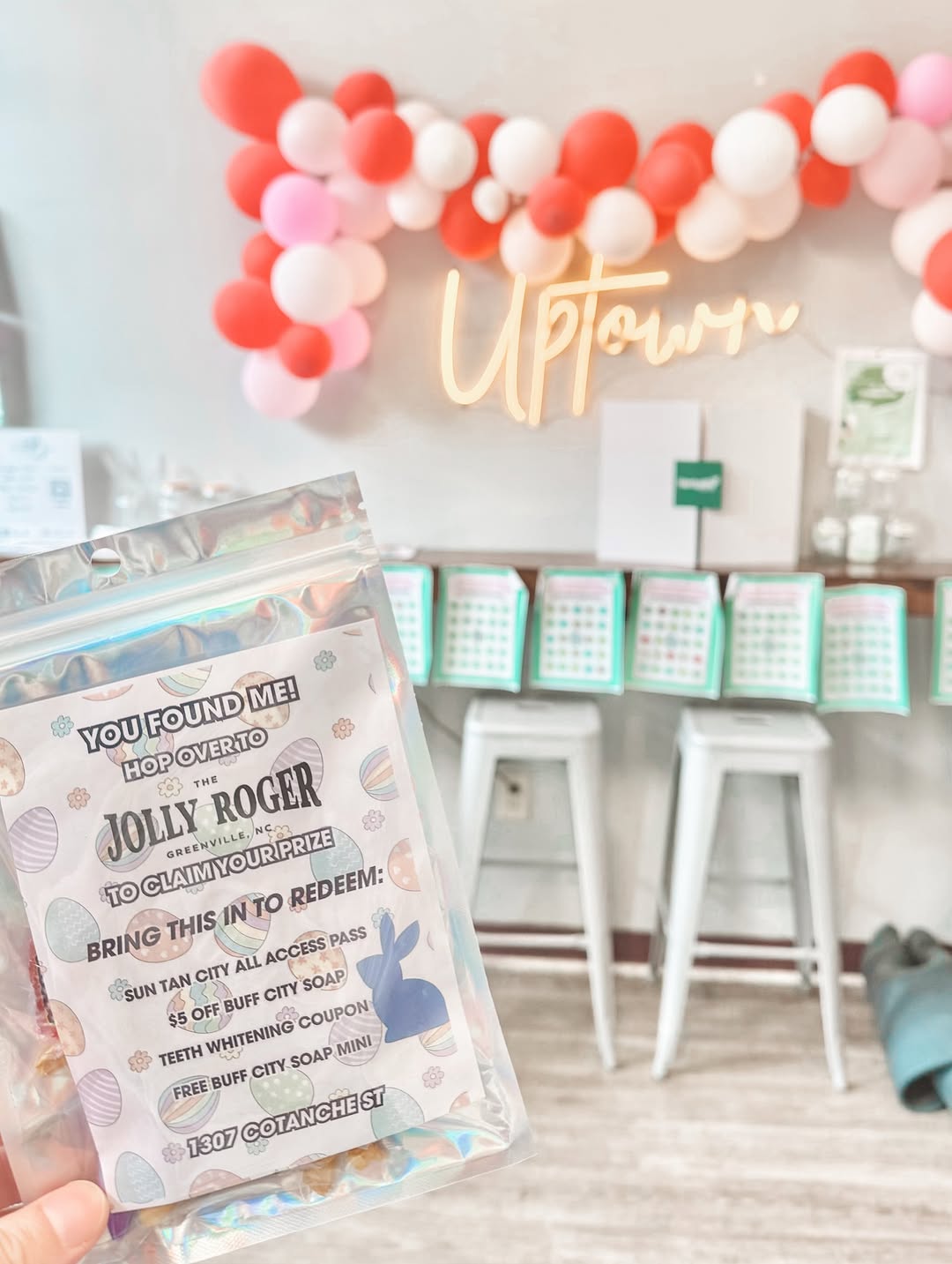 Have you found a goody bag yet? \ud83d\udc40\u27a1\ufe0fSwipe for some hints\n\nFind one and bring it to @liveatjollyroger to redeem:\u2b07\ufe0f\n\n\ud83d\ude01 Teeth whitening coupon\n\n\ud83e\udee7 Free travel-size mini from Buff City Soap\n\n\u2600\ufe0fFree all access pass to @officialsuntancity \n\n\ud83e\udee7$5 off any full-size laundry soap or body wash from @buffcitysoap