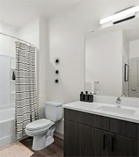 Bathroom photo showing vanity, toilet, and shower at The Jolly Roger