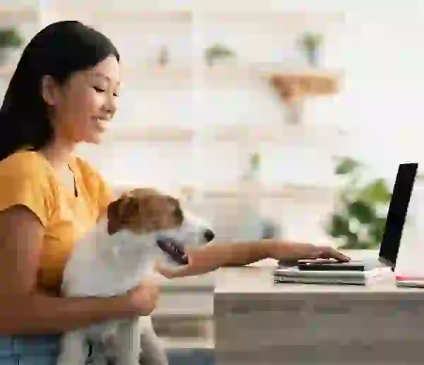 ECU student working on laptop with her dog on her lap in her The Jolly Roger apartment