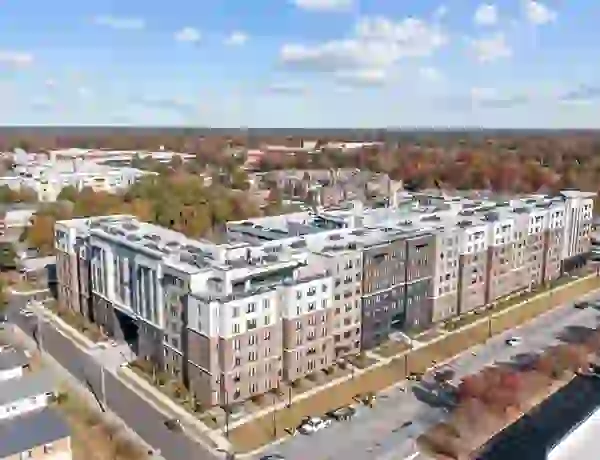 Aerial view of The Jolly Roger with ECU campus visible in background