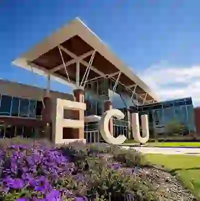 Photo of ECU campus showing large ECU sign