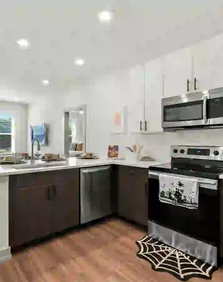 Student kitchen showing high-end quartz countertops and stainless steel appliances