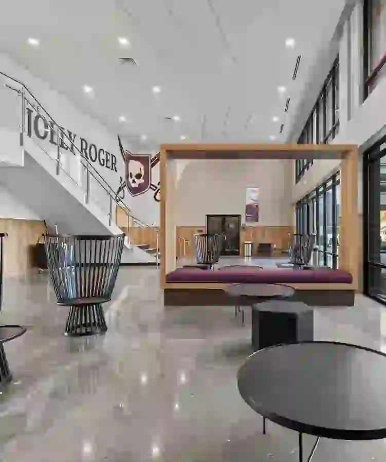 The lobby lounge at The Jolly Roger with residents lounging throughout