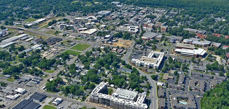 Aerial view of Greenville, NC and East Carolina University